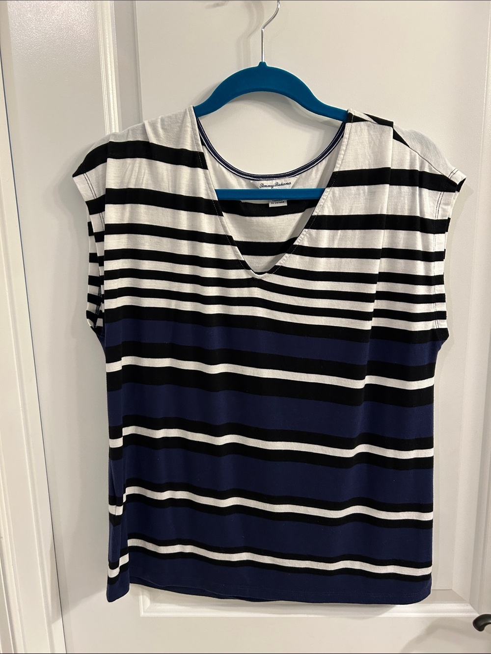 Tommy Bahama Navy, Black & White Striped V-Neck Cap Sleeve Top